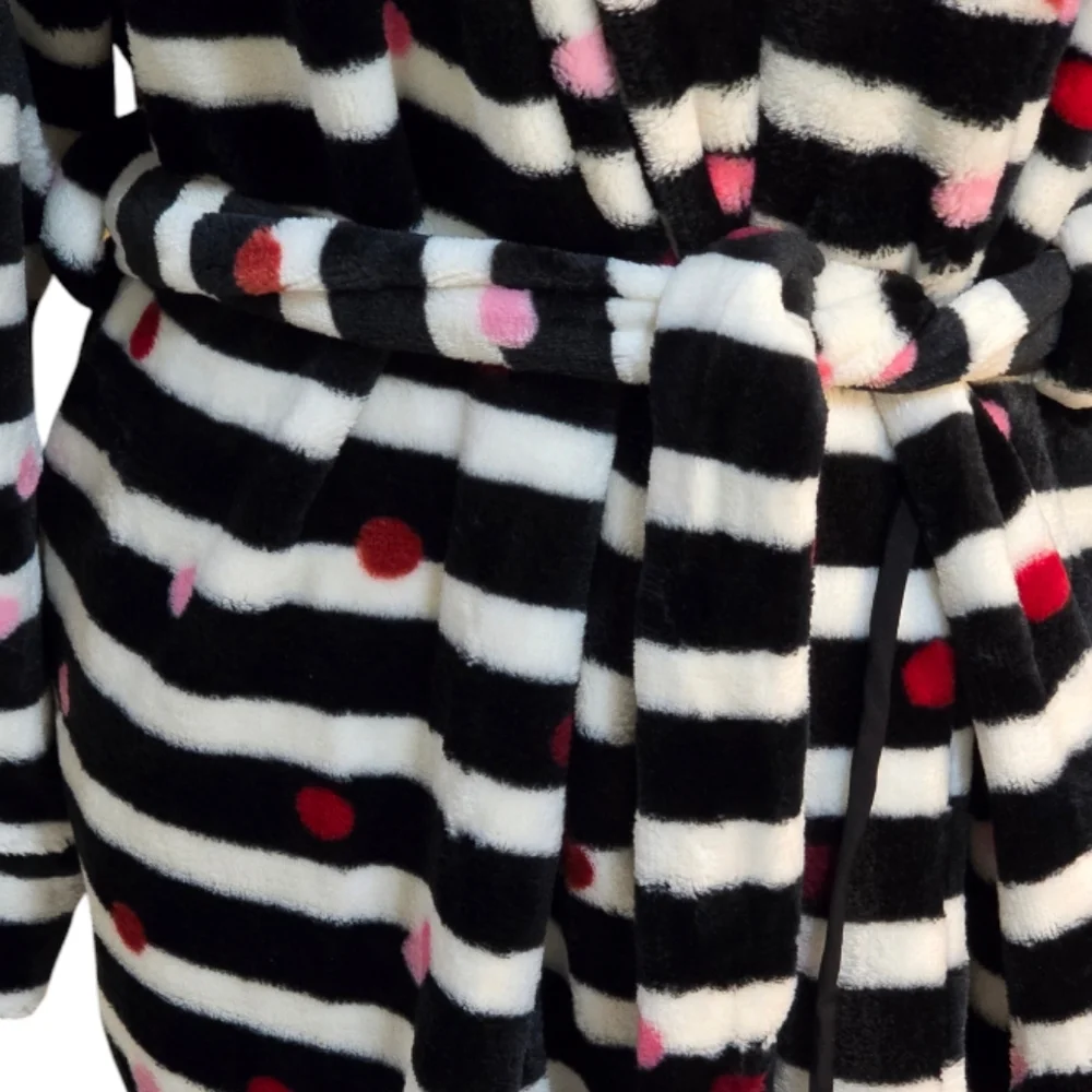 Kate‎ Spade New York® Chenille Wrap Robe Black & White Striped With Polka Dots M